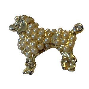 Vintage Gold Tone Small Poodle Brooch Faux Pearl Dog Pin Mid Century Costume